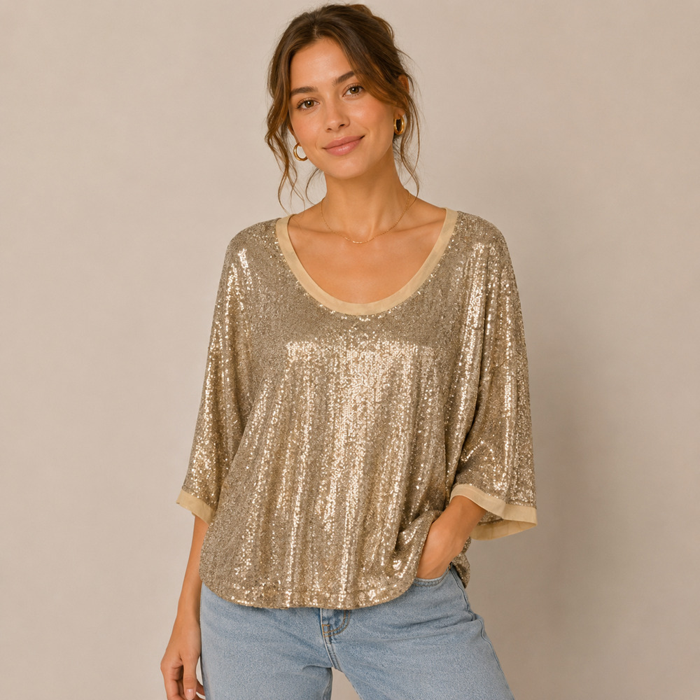 Free People Gold Sequin Oversized Top Champagne Party Sparkle Glam Medium